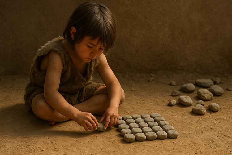 IT: Ragazzo preistorico seduto per terra dispone con cura sassolini in un quadrato 5×5; sullo sfondo mucchietti di pietre in eccesso. Atmosfera calda, luce dorata; momento di scoperta e concentrazione.
EN: Prehistoric boy sits on the ground arranging pebbles into a 5×5 square, with extra piles of stones nearby. Warm golden light; a moment of discovery and focus.