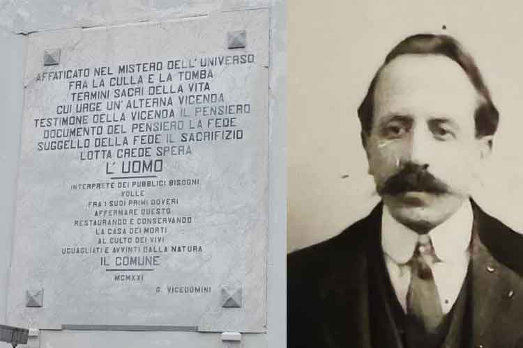 la lapide e, di fianco, una foto di Giuseppe Vicedomini